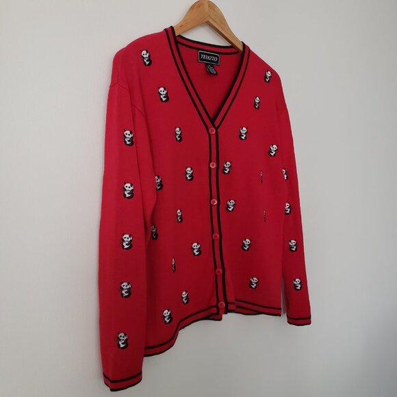 Vintage Terazzo Panda Embroidered Red And Black Cardigan Sweater Size XL - Picture 5 of 12